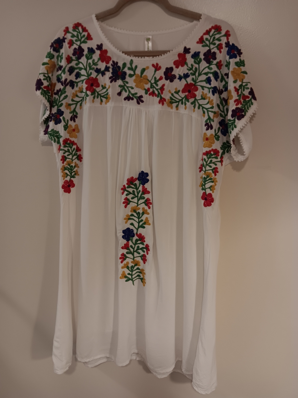 White Embroidered Floral Peasant Dress- Women